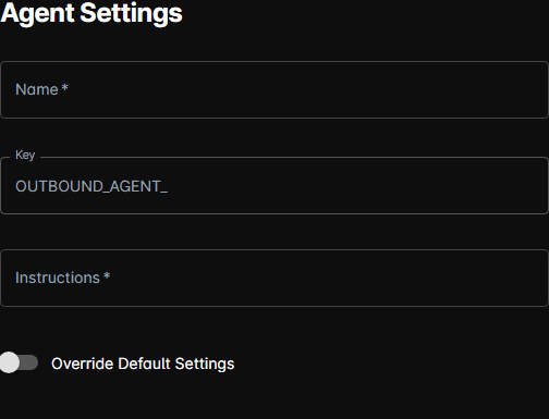 Outbound agent form showing Name, Key, and Instructions fields