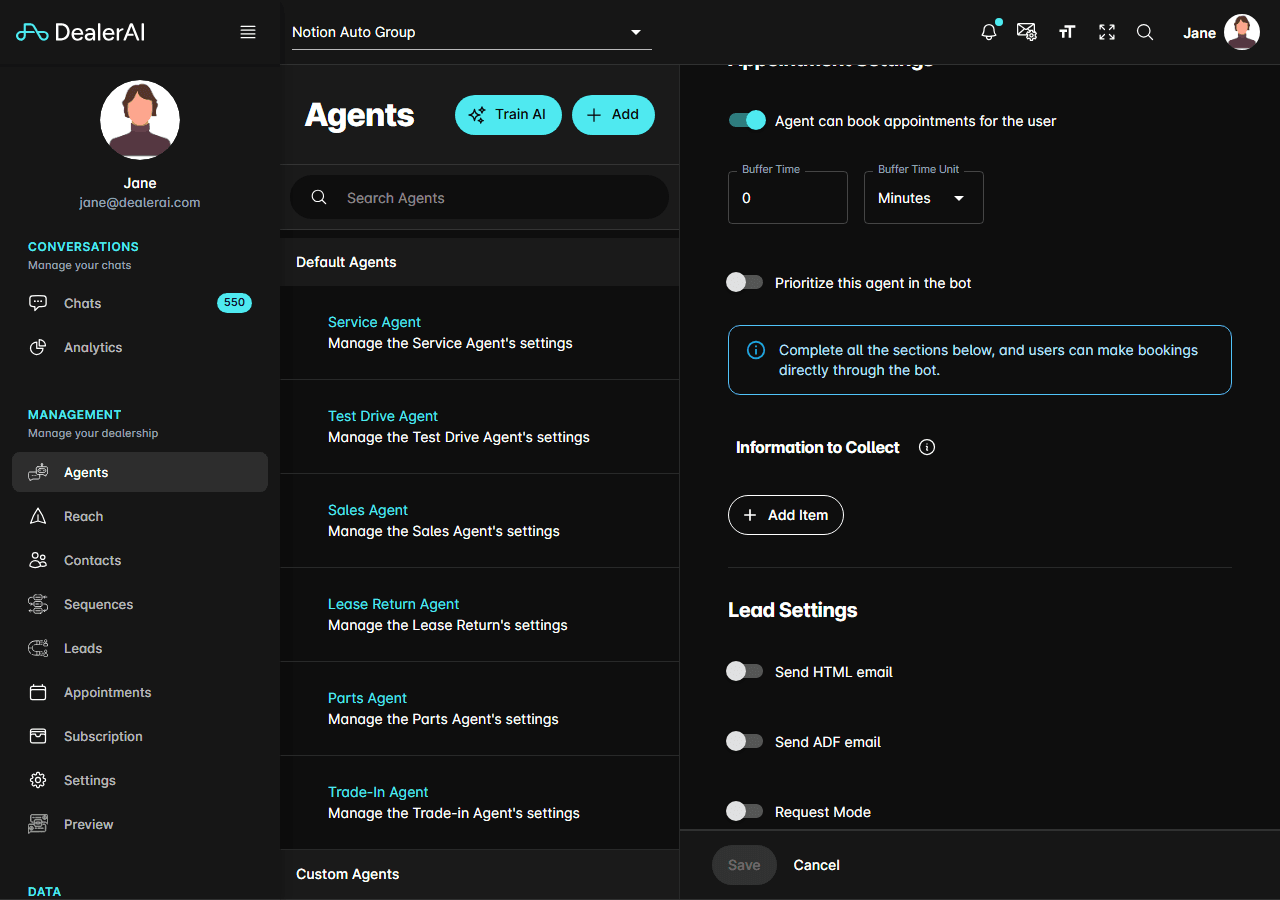 Agent settings page showing the Information to Collect section with parameter fields