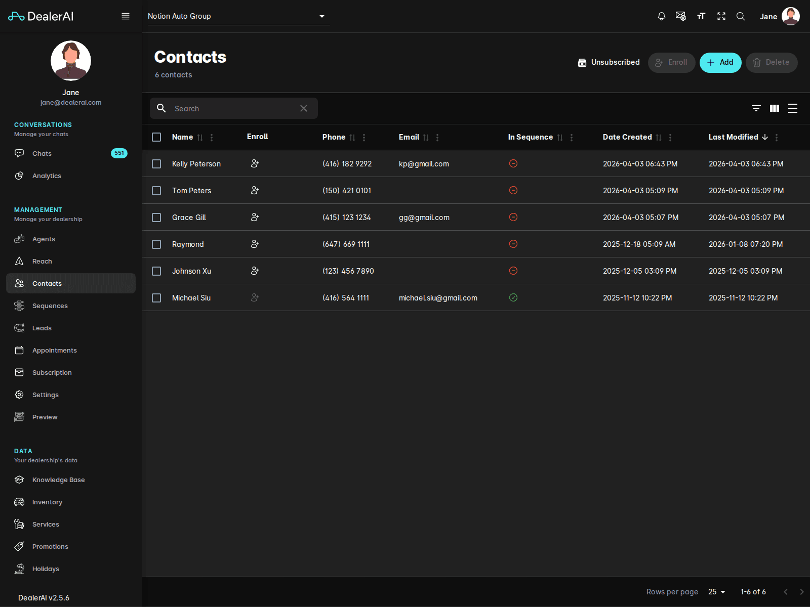 Contacts list