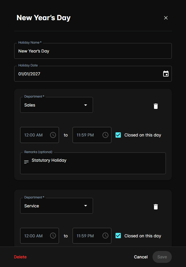 Edit holiday form