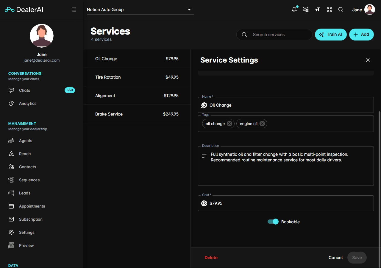 Service Settings panel showing the Bookable toggle enabled below the Cost field