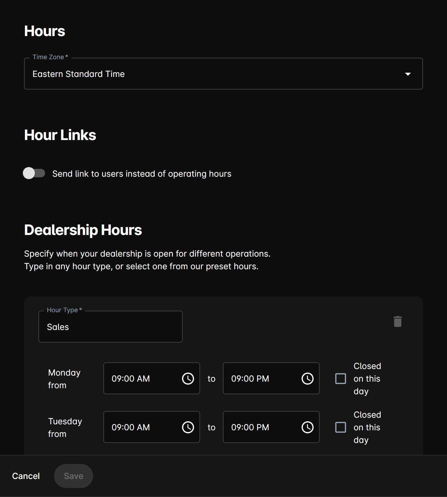 Hours settings form