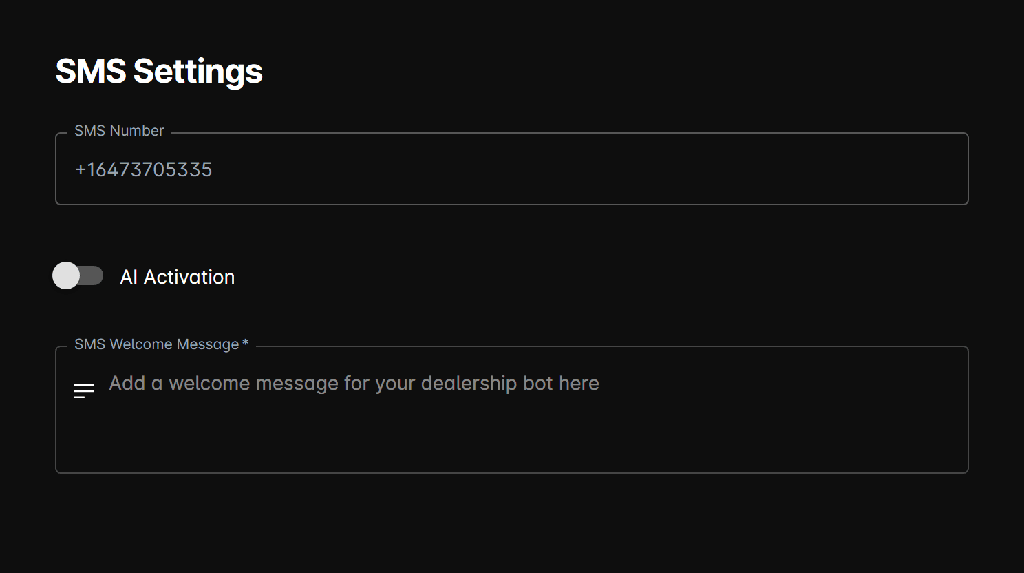 SMS settings form
