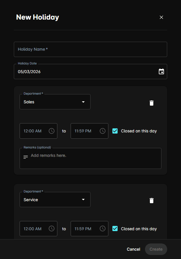 New Holiday form