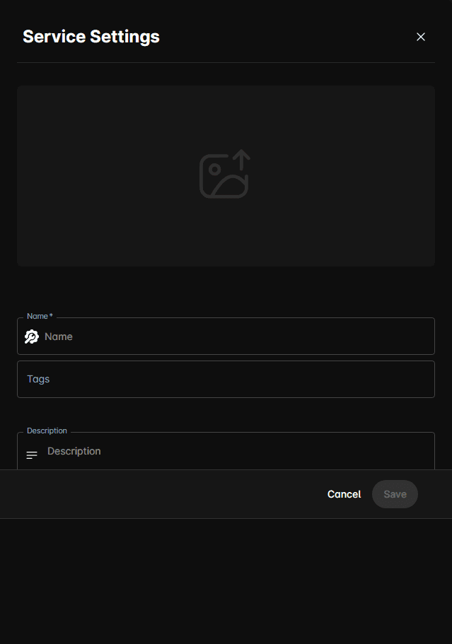 New service form with image uploader, Name, Tags, and Description fields