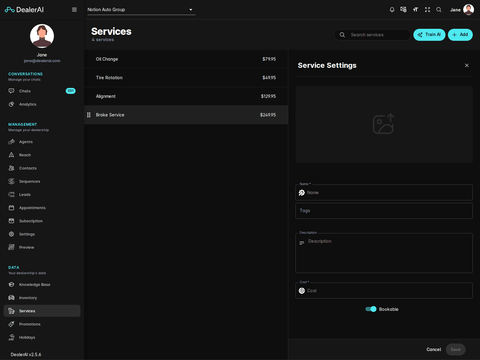 Services edit view