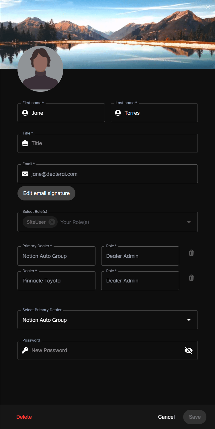Profile edit form showing avatar, name, title, email signature, dealers, and password fields