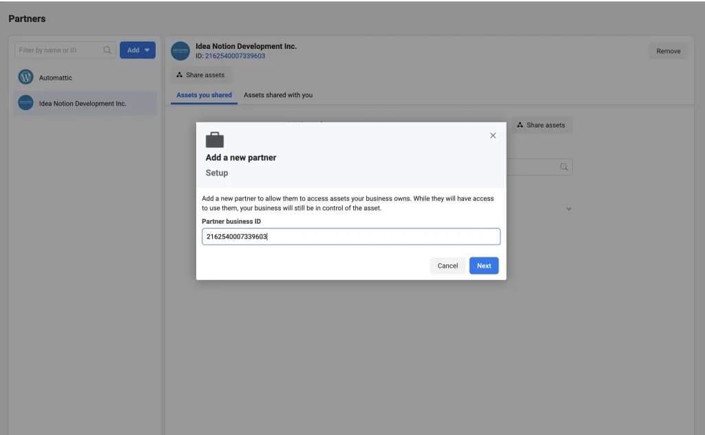 Add a partner in Meta Business settings